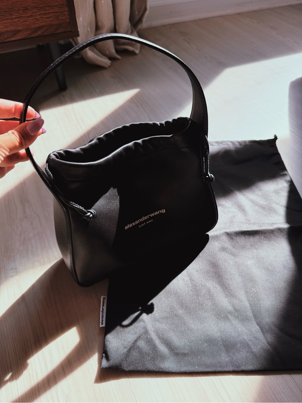Alexander Wang Black Leather Drawstring Bucket Shoulder Bag